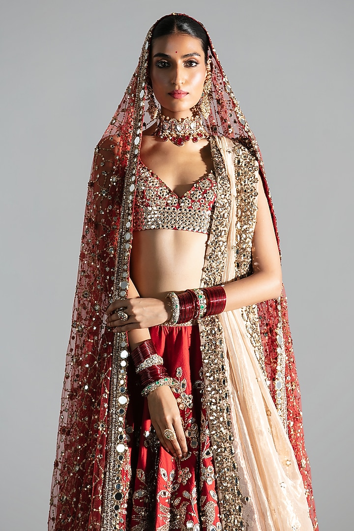 Red Silk Mirror & Thread Embroidered Bridal Lehenga Set by Abhinav Mishra at Pernia's Pop Up Shop