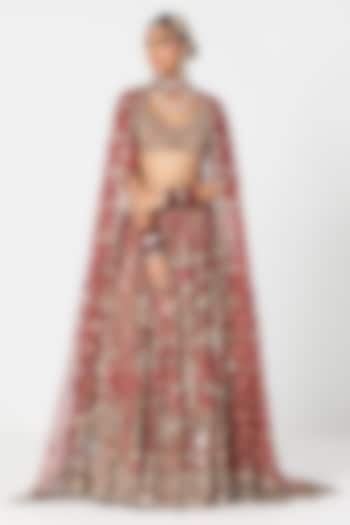 Red Silk Zari & Thread Embroidered Bridal Lehenga Set by Abhinav Mishra at Pernia's Pop Up Shop
