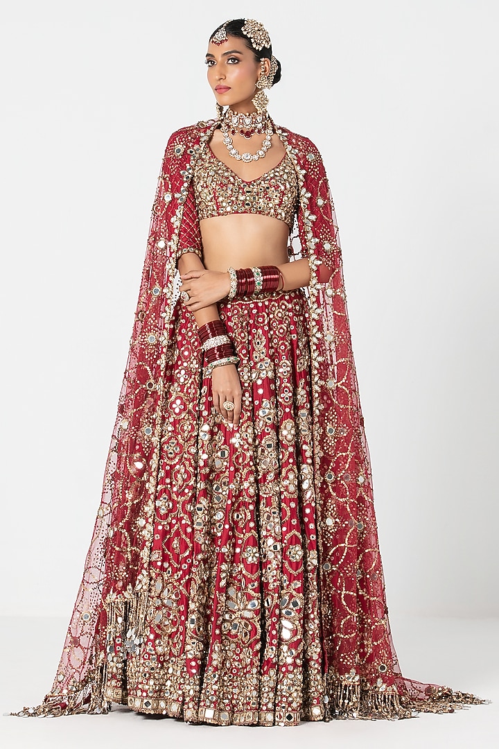 Red Silk Zari & Thread Embroidered Bridal Lehenga Set by Abhinav Mishra at Pernia's Pop Up Shop