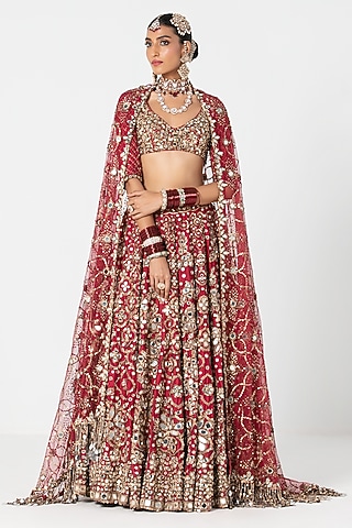 Red Silk Zari & Thread Embroidered Lehenga Set by Abhinav Mishra