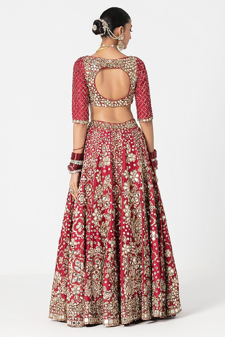 Red Silk Zari & Thread Embroidered Bridal Lehenga Set by Abhinav Mishra at Pernia's Pop Up Shop