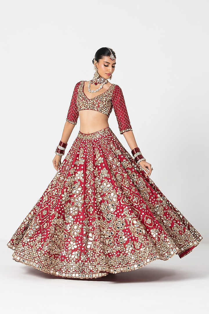 Red Silk Zari & Thread Embroidered Bridal Lehenga Set by Abhinav Mishra at Pernia's Pop Up Shop