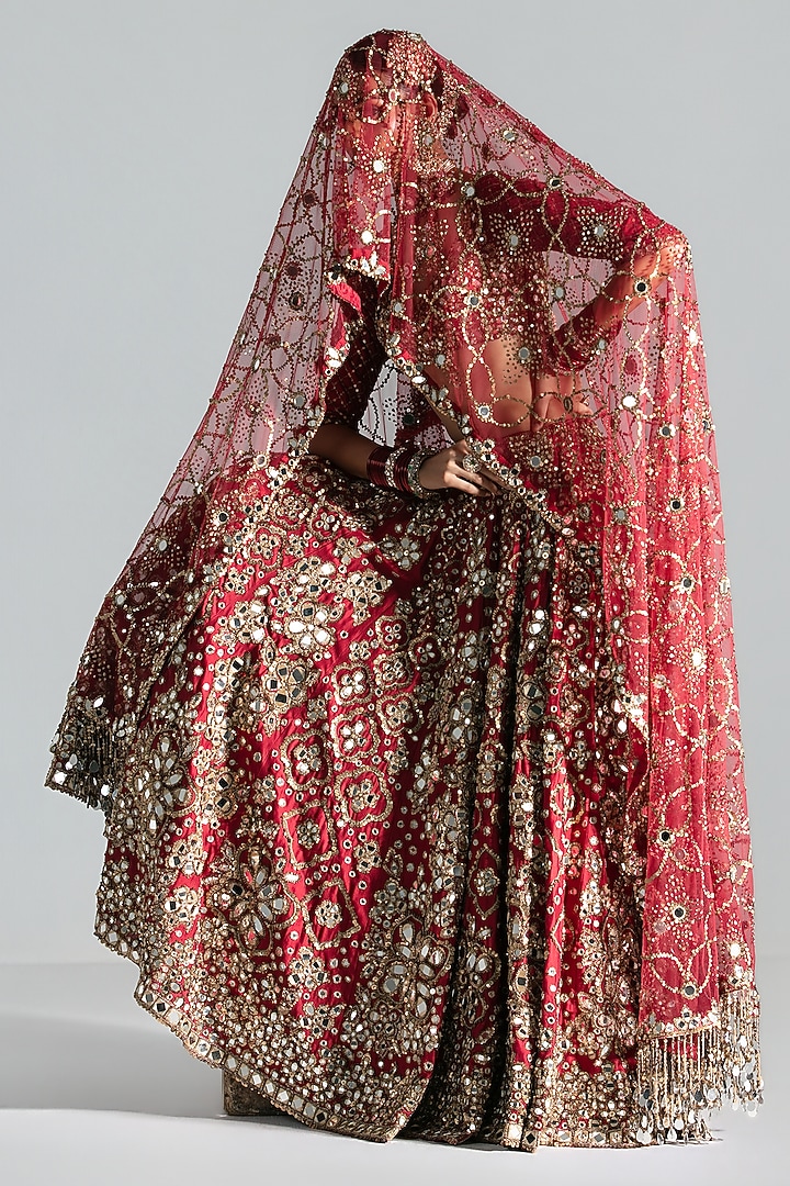 Red Silk Zari & Thread Embroidered Bridal Lehenga Set by Abhinav Mishra at Pernia's Pop Up Shop