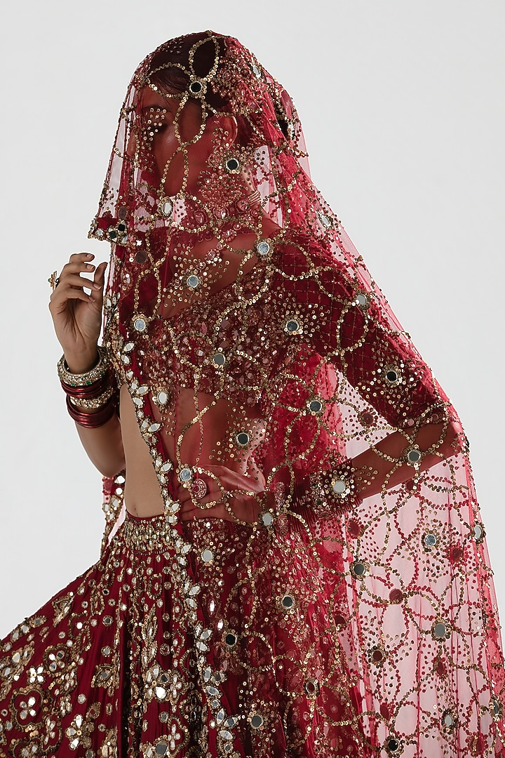 Red Silk Zari & Thread Embroidered Bridal Lehenga Set by Abhinav Mishra at Pernia's Pop Up Shop