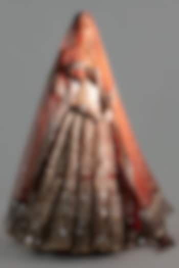 Flame Red Net Mirror & Gota Embroidered Bridal Lehenga Set by Abhinav Mishra at Pernia's Pop Up Shop
