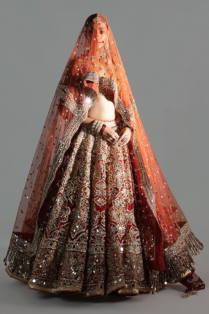 Flame Red Net Mirror & Gota Embroidered Bridal Lehenga Set by Abhinav Mishra at Pernia's Pop Up Shop