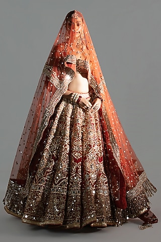 Flame Red Net Mirror & Gota Embroidered Lehenga Set by Abhinav Mishra