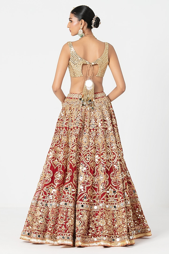 Flame Red Net Mirror & Gota Embroidered Bridal Lehenga Set by Abhinav Mishra at Pernia's Pop Up Shop