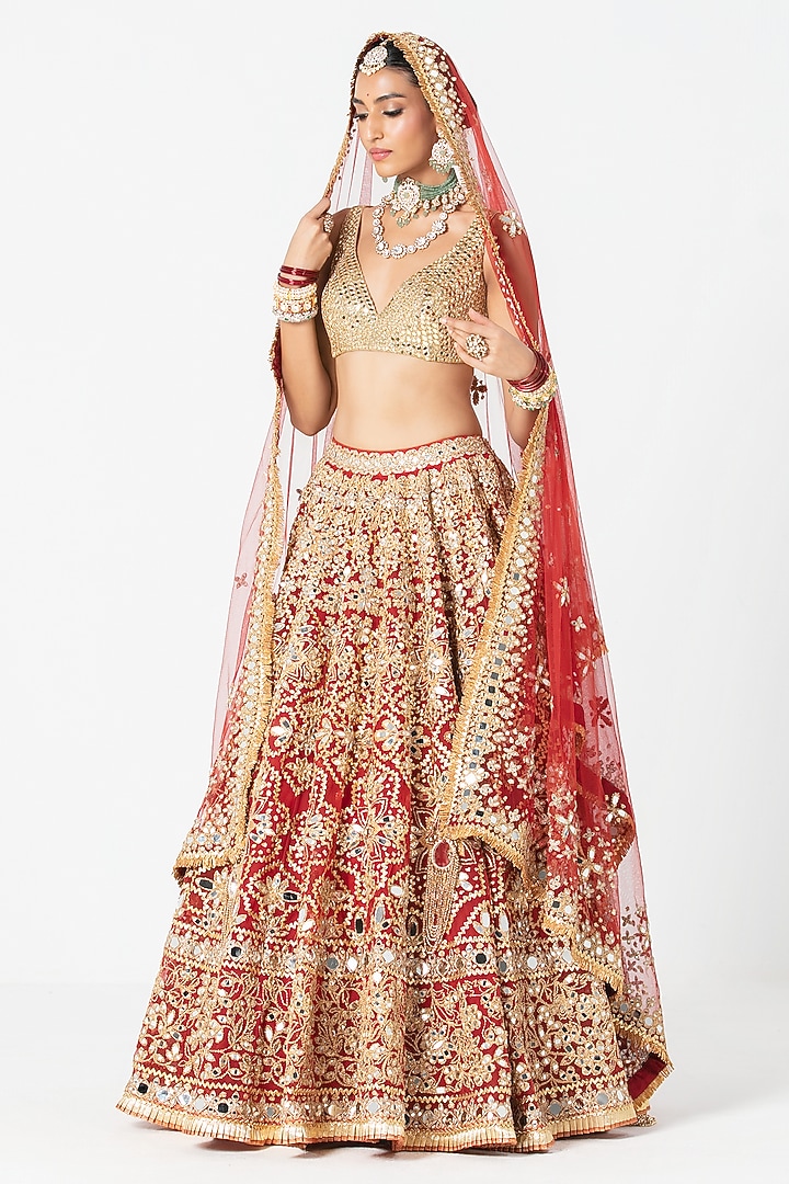 Flame Red Net Mirror & Gota Embroidered Bridal Lehenga Set by Abhinav Mishra at Pernia's Pop Up Shop