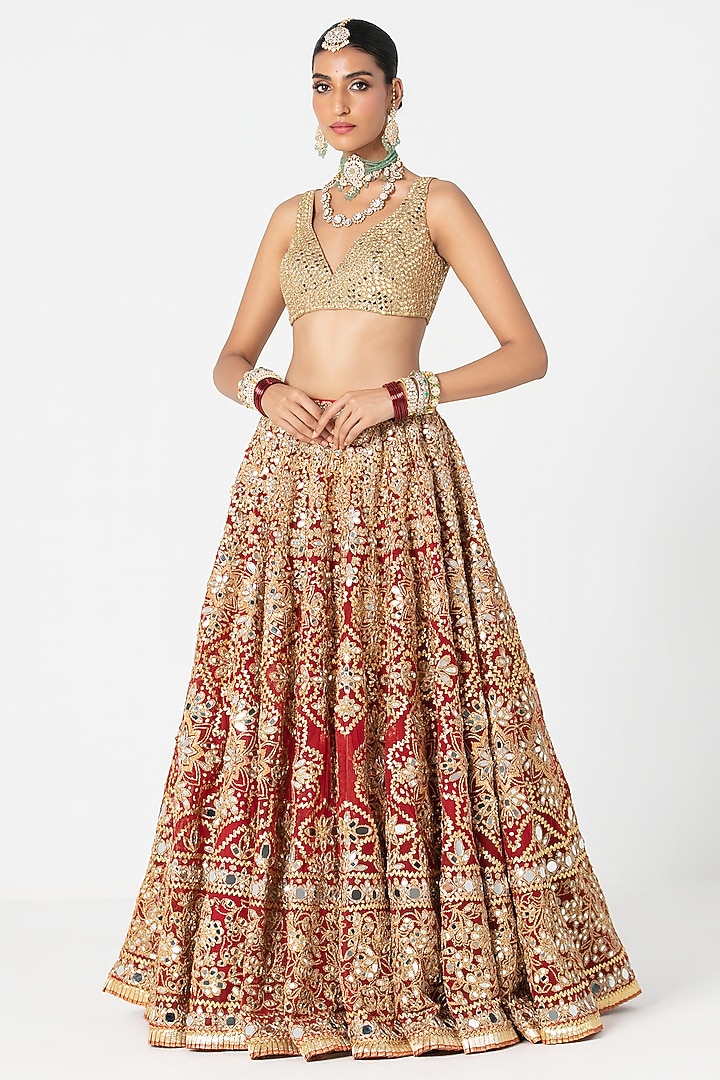Flame Red Net Mirror & Gota Embroidered Bridal Lehenga Set by Abhinav Mishra at Pernia's Pop Up Shop