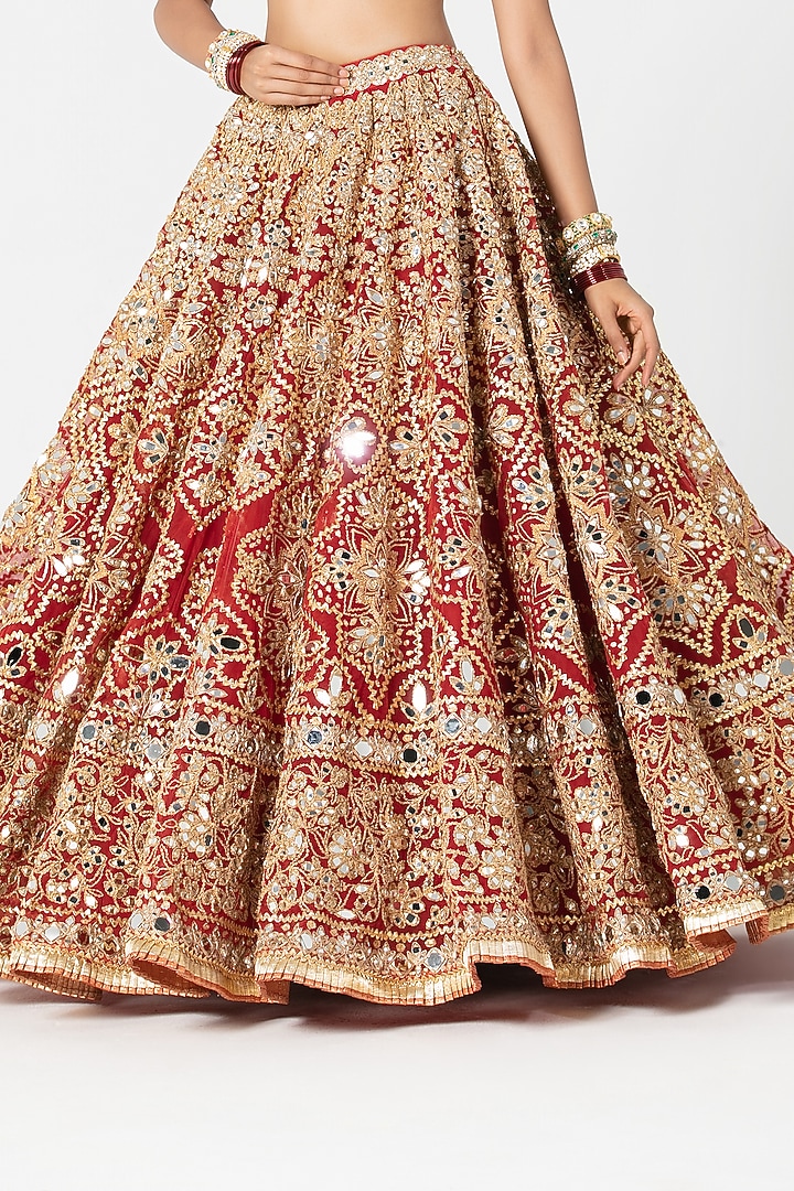 Flame Red Net Mirror & Gota Embroidered Bridal Lehenga Set by Abhinav Mishra at Pernia's Pop Up Shop
