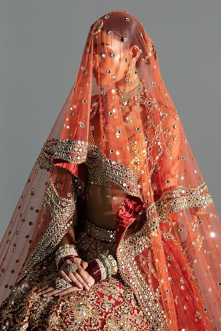 Flame Red Net Mirror & Gota Embroidered Bridal Lehenga Set by Abhinav Mishra at Pernia's Pop Up Shop