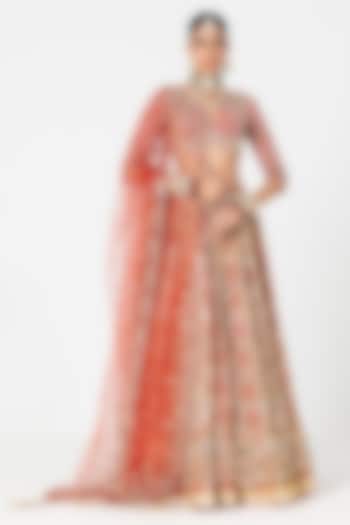 Flame Red Silk Mirror & Zari Embroidered Bridal Lehenga Set by Abhinav Mishra at Pernia's Pop Up Shop