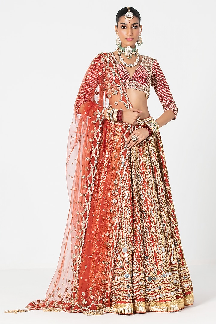 Flame Red Silk Mirror & Zari Embroidered Bridal Lehenga Set by Abhinav Mishra at Pernia's Pop Up Shop