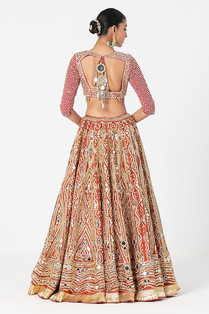 Flame Red Silk Mirror & Zari Embroidered Bridal Lehenga Set by Abhinav Mishra at Pernia's Pop Up Shop