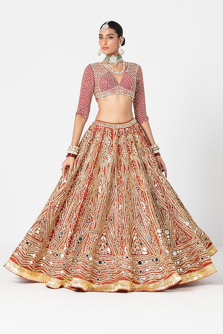 Flame Red Silk Mirror & Zari Embroidered Bridal Lehenga Set by Abhinav Mishra at Pernia's Pop Up Shop