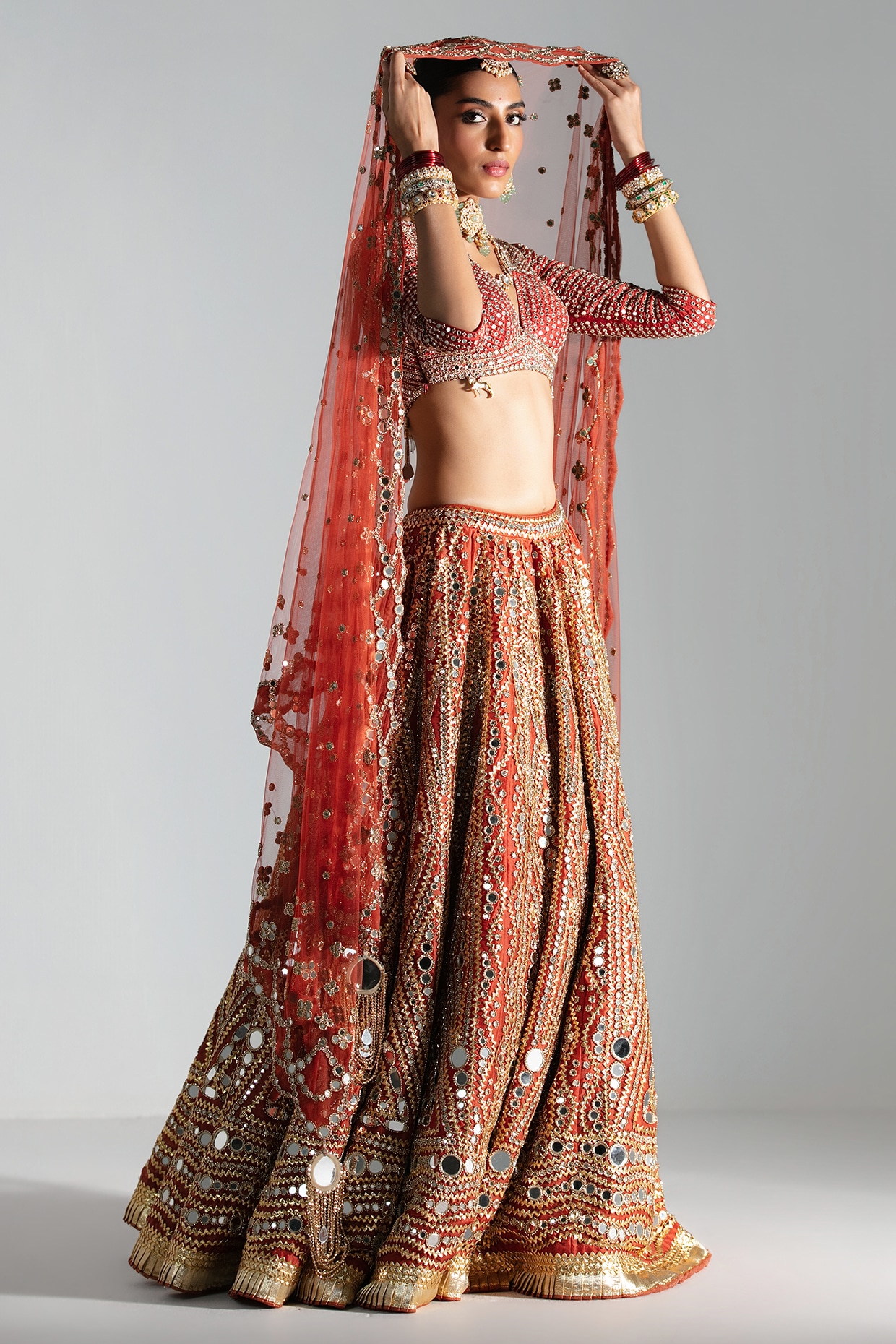 Abhinav Mishra Flame Red Silk Mirror & Zari Embroidered Lehenga Set