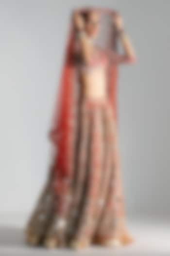 Flame Red Silk Mirror & Zari Embroidered Bridal Lehenga Set by Abhinav Mishra at Pernia's Pop Up Shop