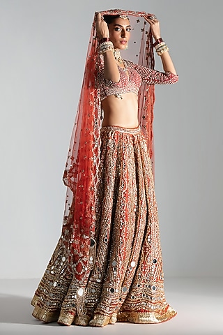 Flame Red Silk Mirror & Zari Embroidered Lehenga Set by Abhinav Mishra