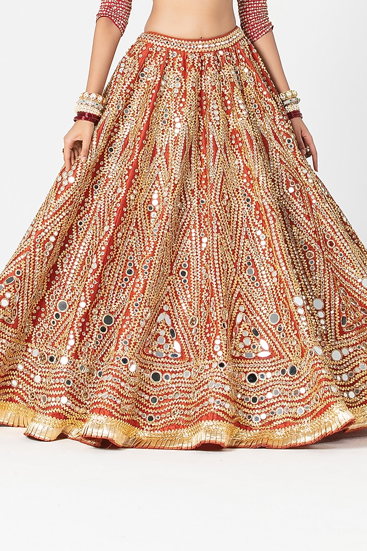 Flame Red Silk Mirror & Zari Embroidered Bridal Lehenga Set by Abhinav Mishra at Pernia's Pop Up Shop