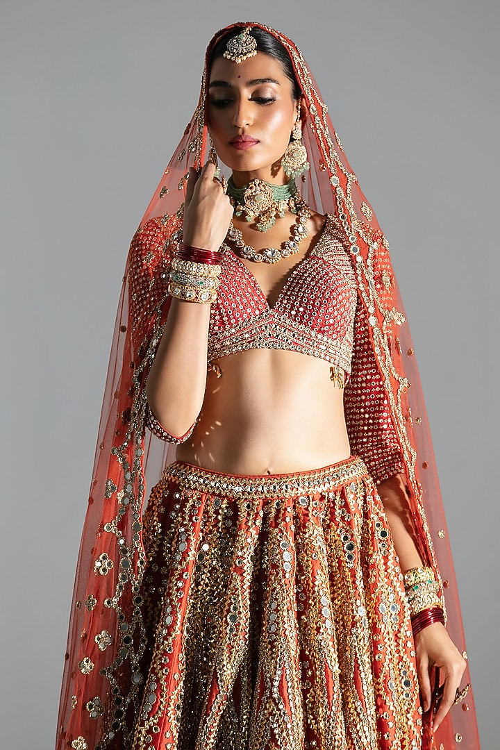 Flame Red Silk Mirror & Zari Embroidered Bridal Lehenga Set by Abhinav Mishra at Pernia's Pop Up Shop