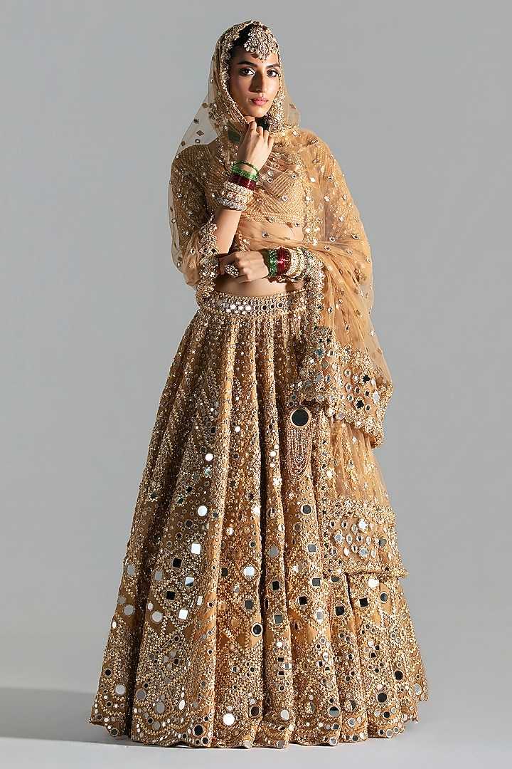 Yellow Gold Silk Gota & Bead Embroidered Bridal Lehenga Set by Abhinav Mishra at Pernia's Pop Up Shop
