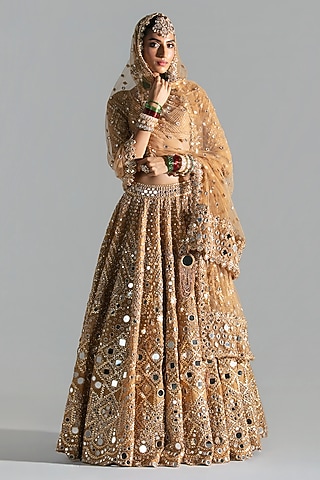Yellow Gold Silk Gota & Bead Embroidered Lehenga Set by Abhinav Mishra