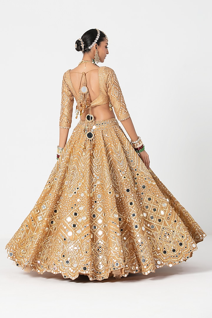 Yellow Gold Silk Gota & Bead Embroidered Bridal Lehenga Set by Abhinav Mishra at Pernia's Pop Up Shop