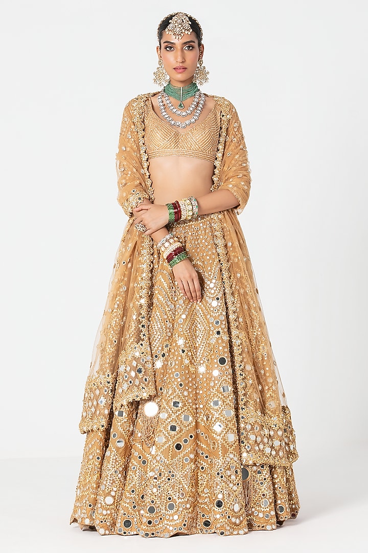 Yellow Gold Silk Gota & Bead Embroidered Bridal Lehenga Set by Abhinav Mishra at Pernia's Pop Up Shop