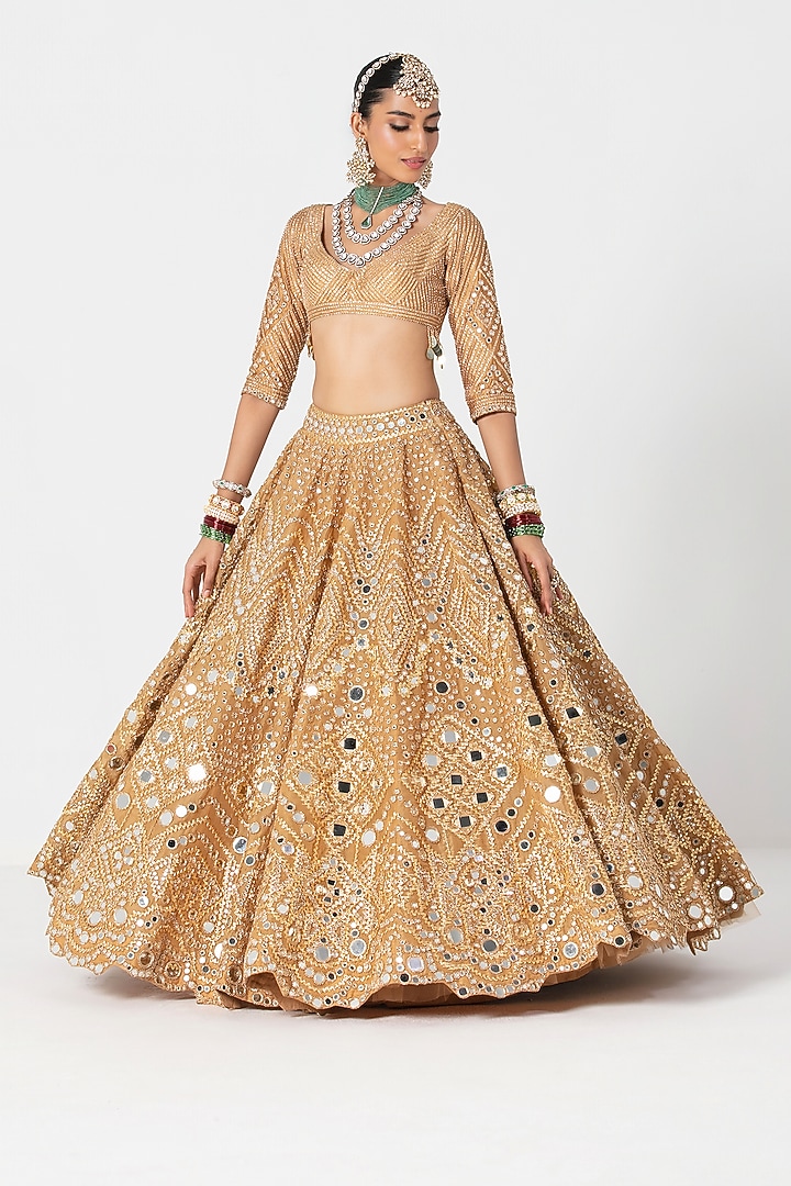 Yellow Gold Silk Gota & Bead Embroidered Bridal Lehenga Set by Abhinav Mishra at Pernia's Pop Up Shop