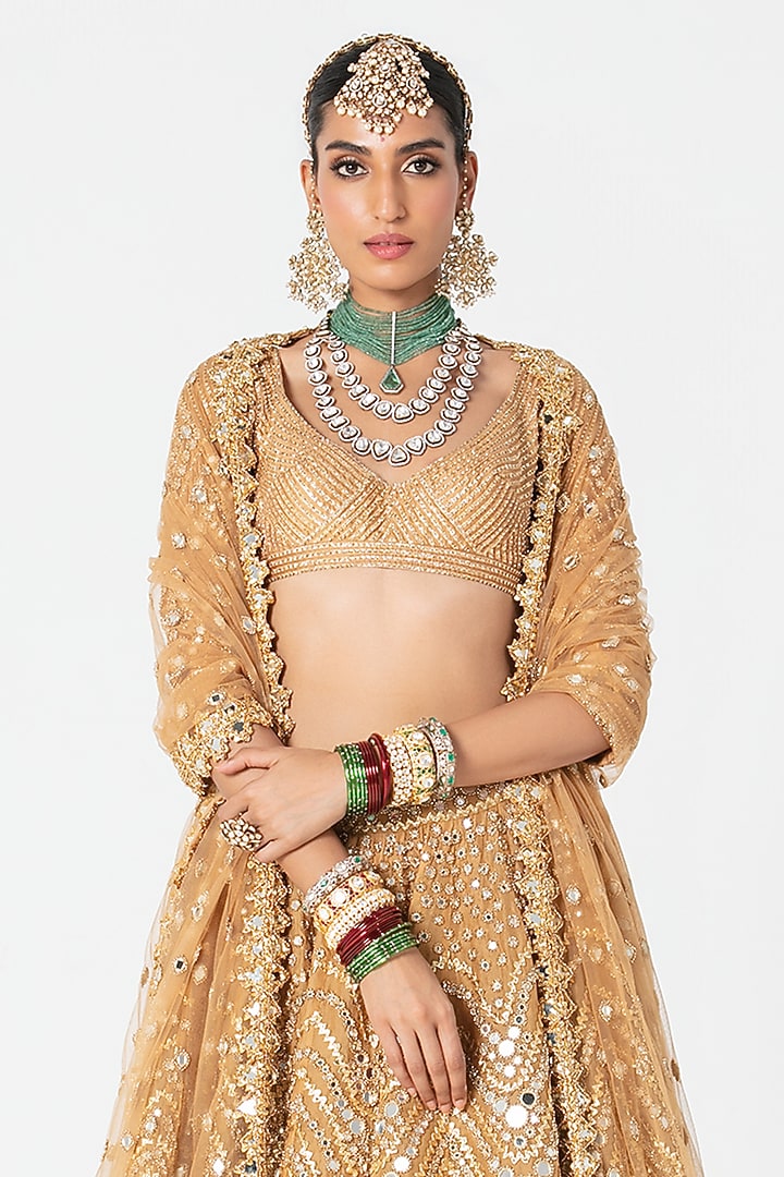 Yellow Gold Silk Gota & Bead Embroidered Bridal Lehenga Set by Abhinav Mishra at Pernia's Pop Up Shop