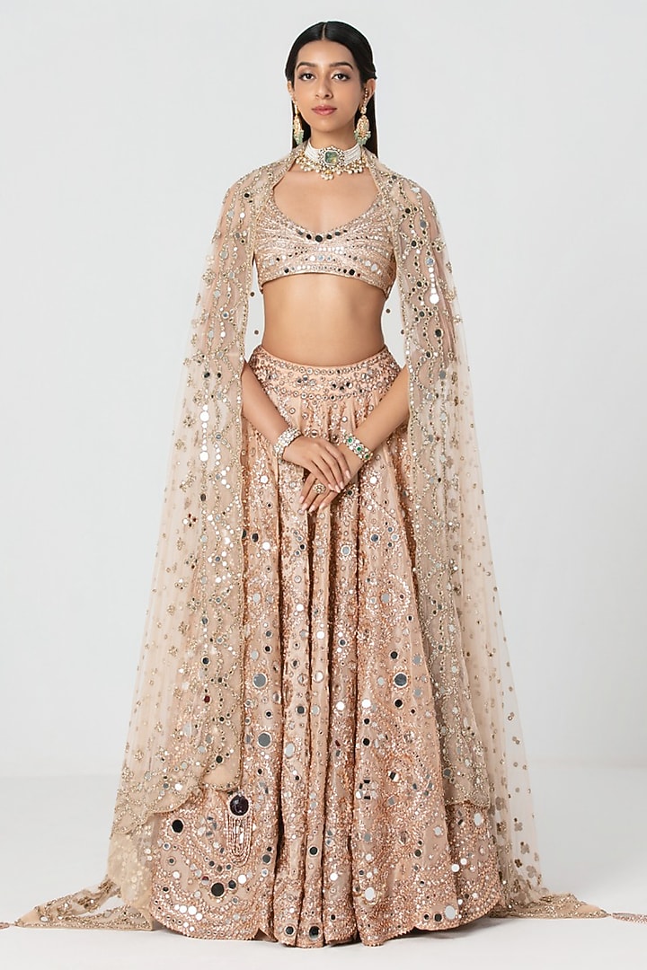 Peach Organza Mirror Embroidered Bridal Lehenga Set by Abhinav Mishra at Pernia's Pop Up Shop