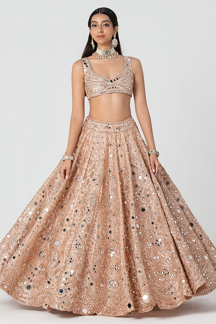 Peach Organza Mirror Embroidered Bridal Lehenga Set by Abhinav Mishra at Pernia's Pop Up Shop