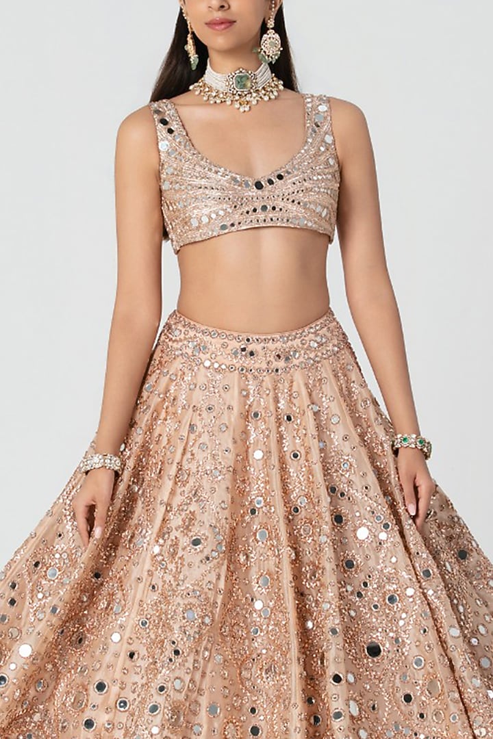 Peach Organza Mirror Embroidered Bridal Lehenga Set by Abhinav Mishra at Pernia's Pop Up Shop