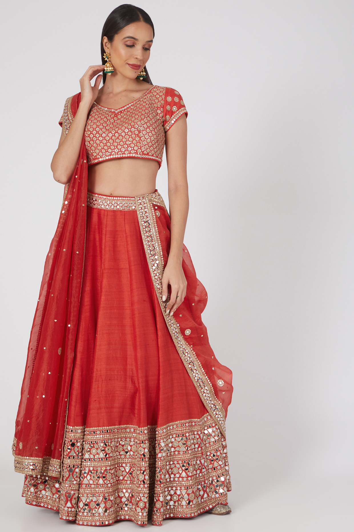 Red Embellished Lehenga Set by Abhinav Mishra