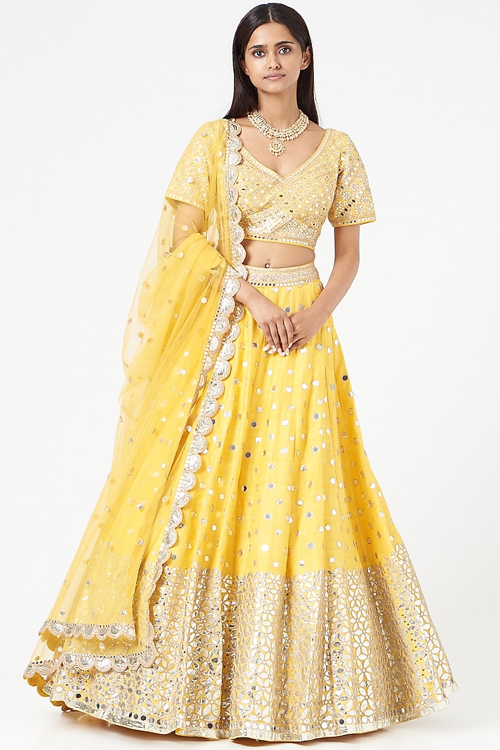 Yellow Lehenga Set With Embellishments by Abhinav Mishra