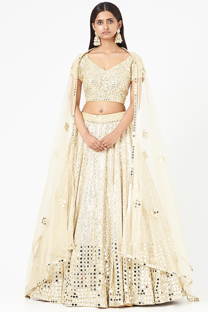 Beige Embellished Bridal Lehenga Set by Abhinav Mishra at Pernia's Pop Up Shop