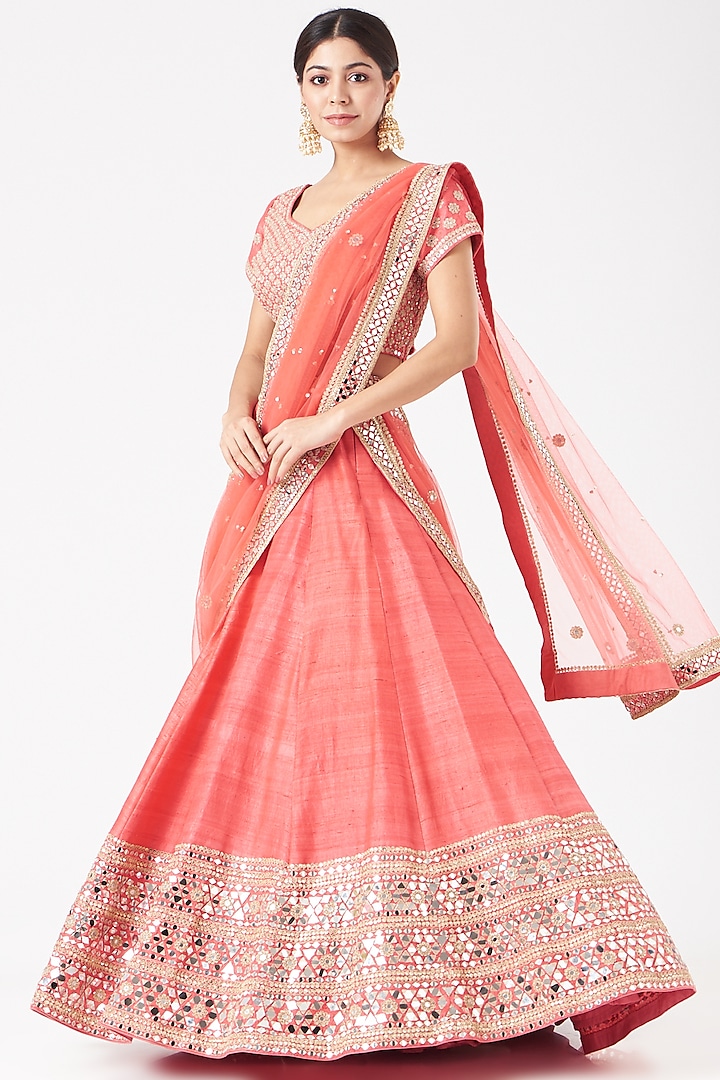 Coral Embellished Bridal Lehenga Set by Abhinav Mishra at Pernia's Pop Up Shop