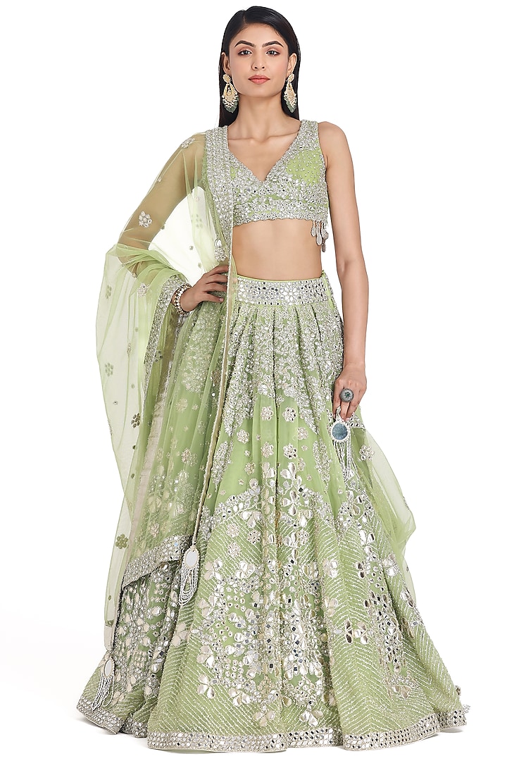 Neon Green Net Mirror Embroidered Bridal Lehenga Set by Abhinav Mishra at Pernia's Pop Up Shop