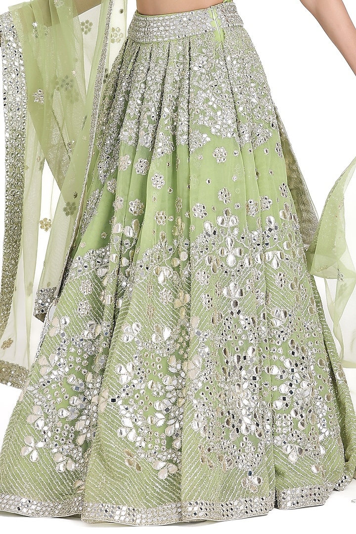 Neon Green Net Mirror Embroidered Bridal Lehenga Set by Abhinav Mishra at Pernia's Pop Up Shop