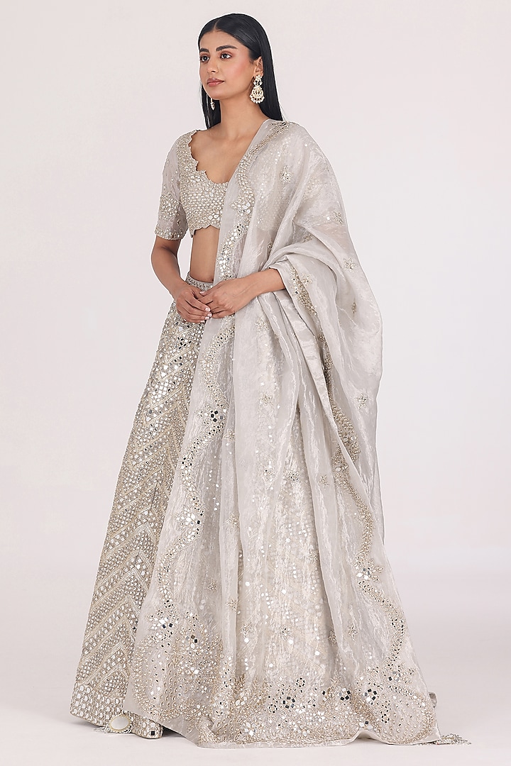 Silver Tissue Zari & Mirror Embellished Bridal Lehenga Set by Abhinav Mishra at Pernia's Pop Up Shop