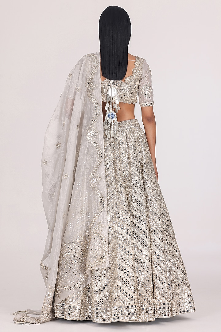 Silver Tissue Zari & Mirror Embellished Bridal Lehenga Set by Abhinav Mishra at Pernia's Pop Up Shop