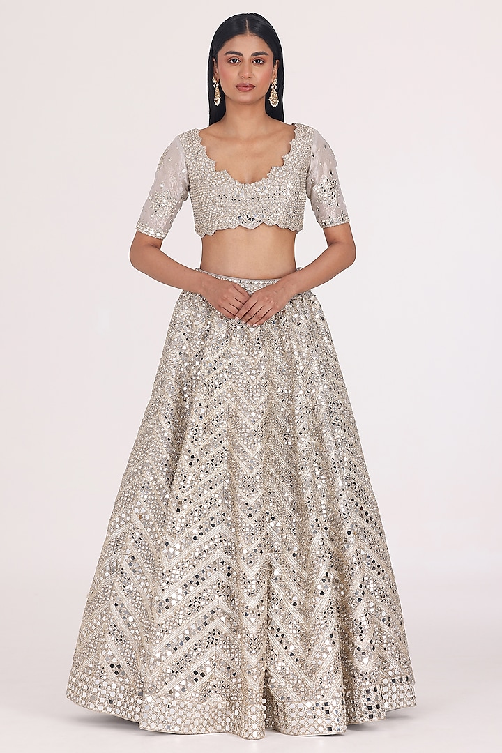 Silver Tissue Zari & Mirror Embellished Bridal Lehenga Set by Abhinav Mishra at Pernia's Pop Up Shop