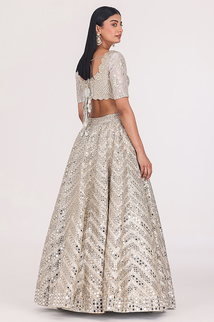 Silver Tissue Zari & Mirror Embellished Bridal Lehenga Set by Abhinav Mishra at Pernia's Pop Up Shop