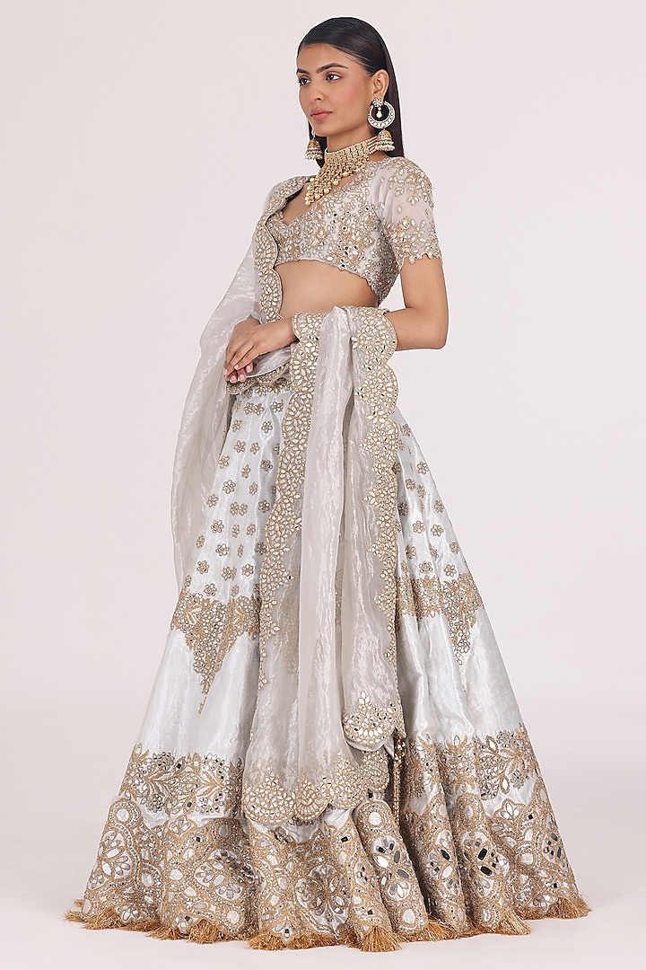 Silver Brocade Gota & Mirror Embellished Lehenga Set by Abhinav Mishra