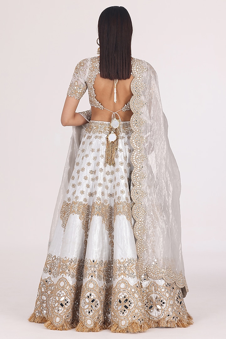 Silver Brocade Gota & Mirror Embellished Bridal Lehenga Set by Abhinav Mishra at Pernia's Pop Up Shop