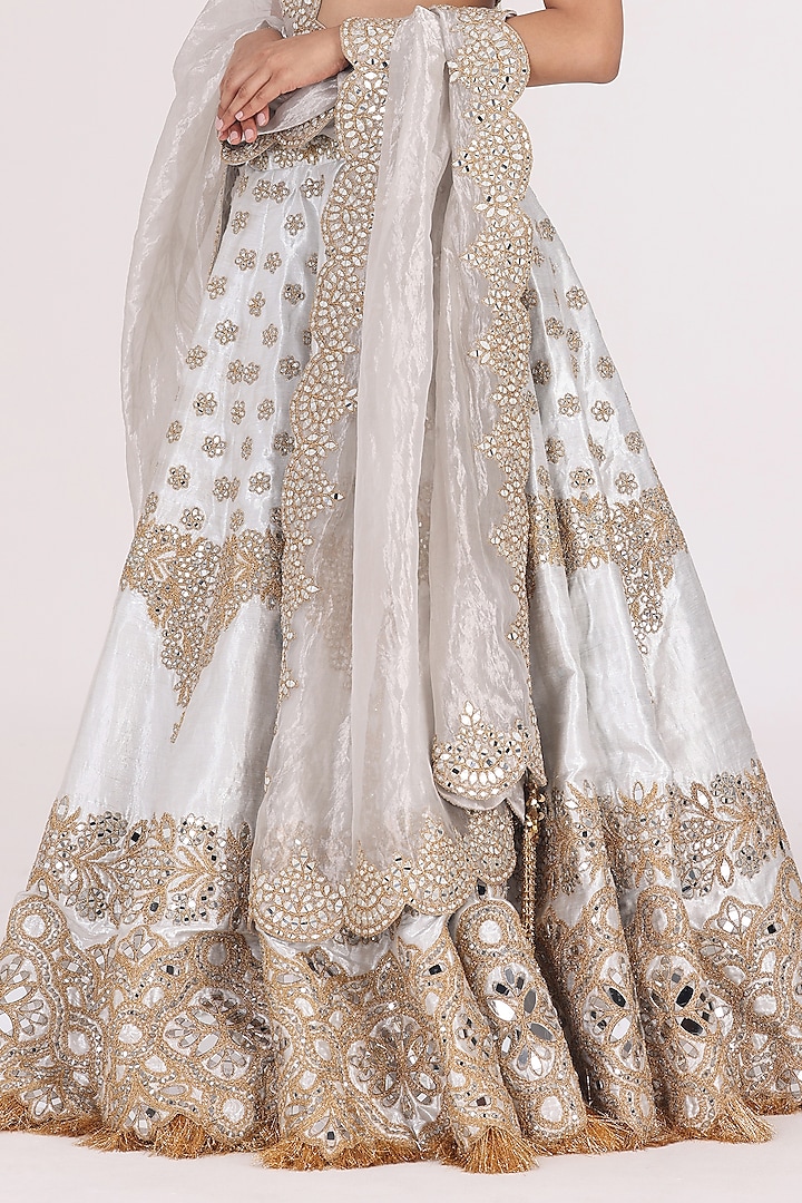 Silver Brocade Gota & Mirror Embellished Bridal Lehenga Set by Abhinav Mishra at Pernia's Pop Up Shop