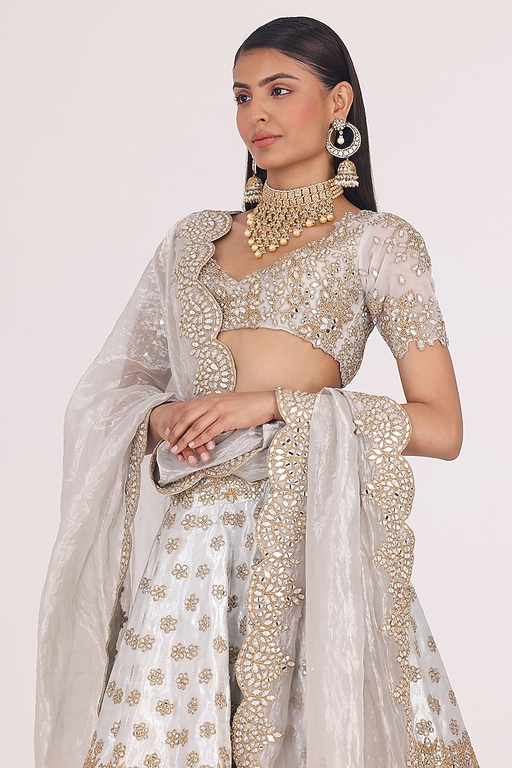Silver Brocade Gota & Mirror Embellished Bridal Lehenga Set by Abhinav Mishra at Pernia's Pop Up Shop