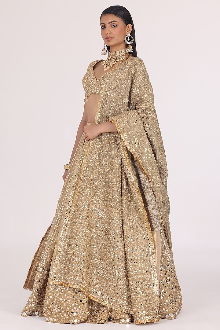 Golden Beige Tissue Mirror Work Bridal Lehenga Set by Abhinav Mishra at Pernia's Pop Up Shop