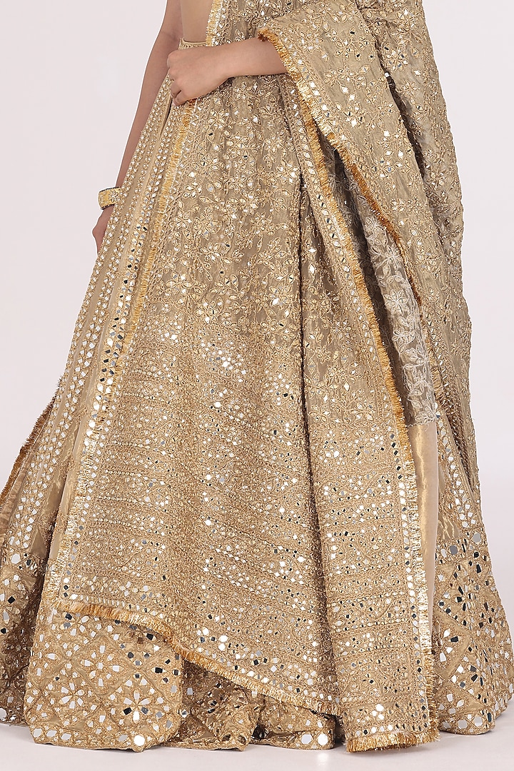 Golden Beige Tissue Mirror Work Bridal Lehenga Set by Abhinav Mishra at Pernia's Pop Up Shop